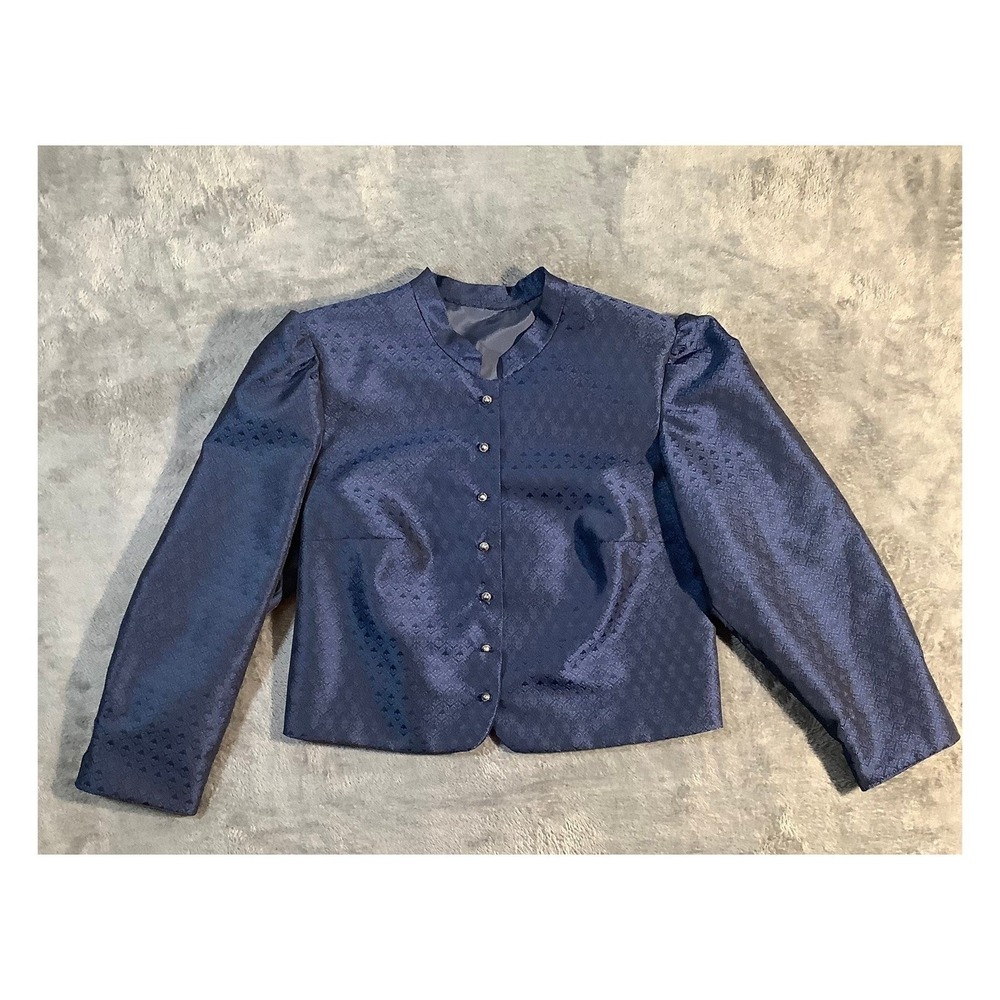 Vintage 80s Navy Blue Jacquard Cropped Jacket Puff Sleeve Women's‎ Medium Formal